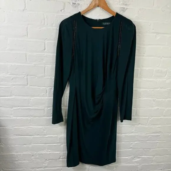 Lauren Ralph Lauren Women Jonni Faux Leather Trim Gathered Sheath Dress Size 14 - Picture 2 of 5